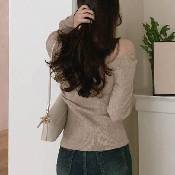 Mocha Brown Casual Womens Solid Asymmetrical Neck Button Through Ribbed Knit Ca… - Picture 2 of 5